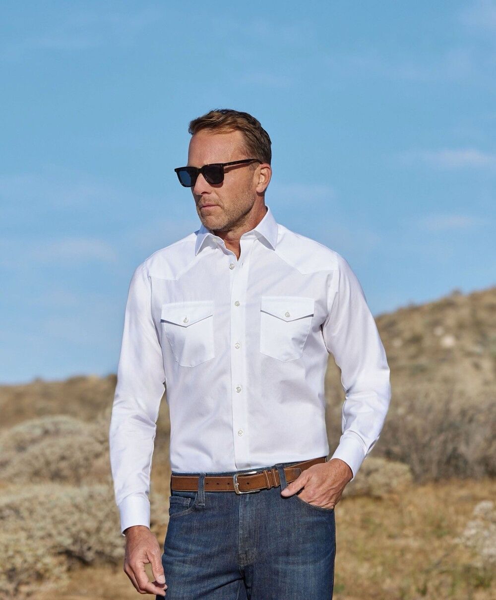 David Donahue Trim Fit White Dress Shirt Mens 17.5 Super Fine twill Western